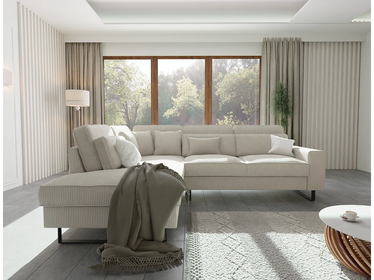 Canapé d’angle avec ottomane et pieds en métal noir, en tissu côtelé beige DUSK