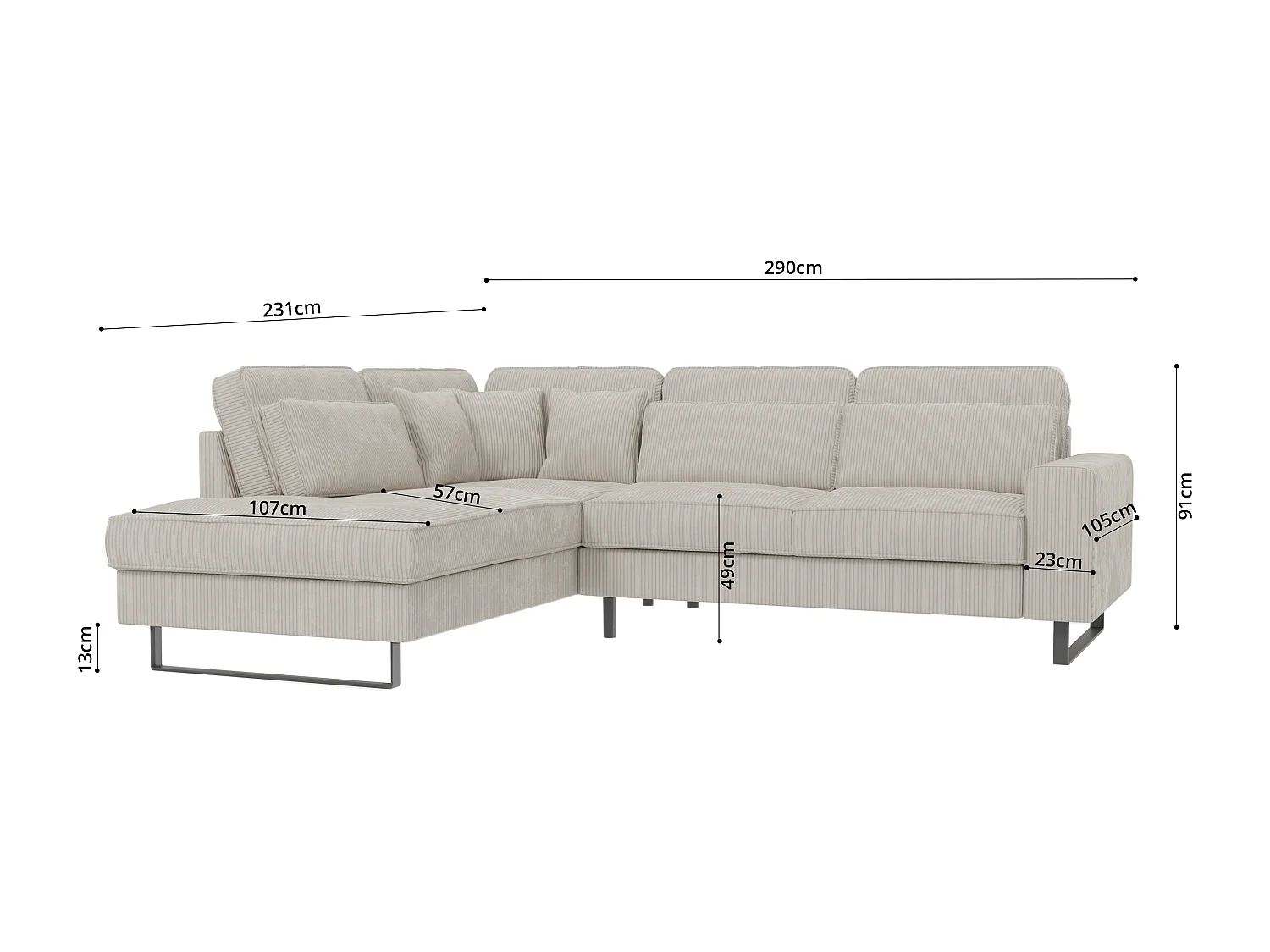 Canapé d’angle avec ottomane et pieds en métal noir, en tissu côtelé beige DUSK