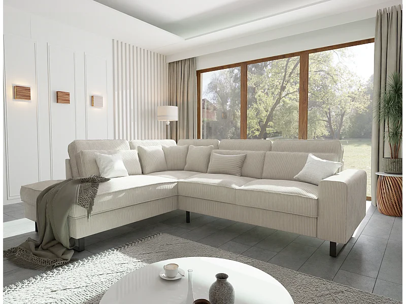 Canapé d’angle avec ottomane et pieds en métal noir, en tissu côtelé beige DUSK