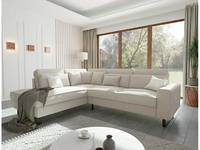 Canapé d’angle avec ottomane et pieds en métal noir, en tissu côtelé beige DUSK