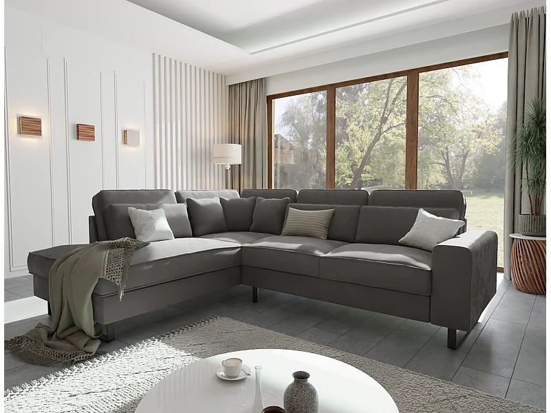 Canapé d’angle avec ottomane et pieds en métal noir, en tissu velours gris ROGUE