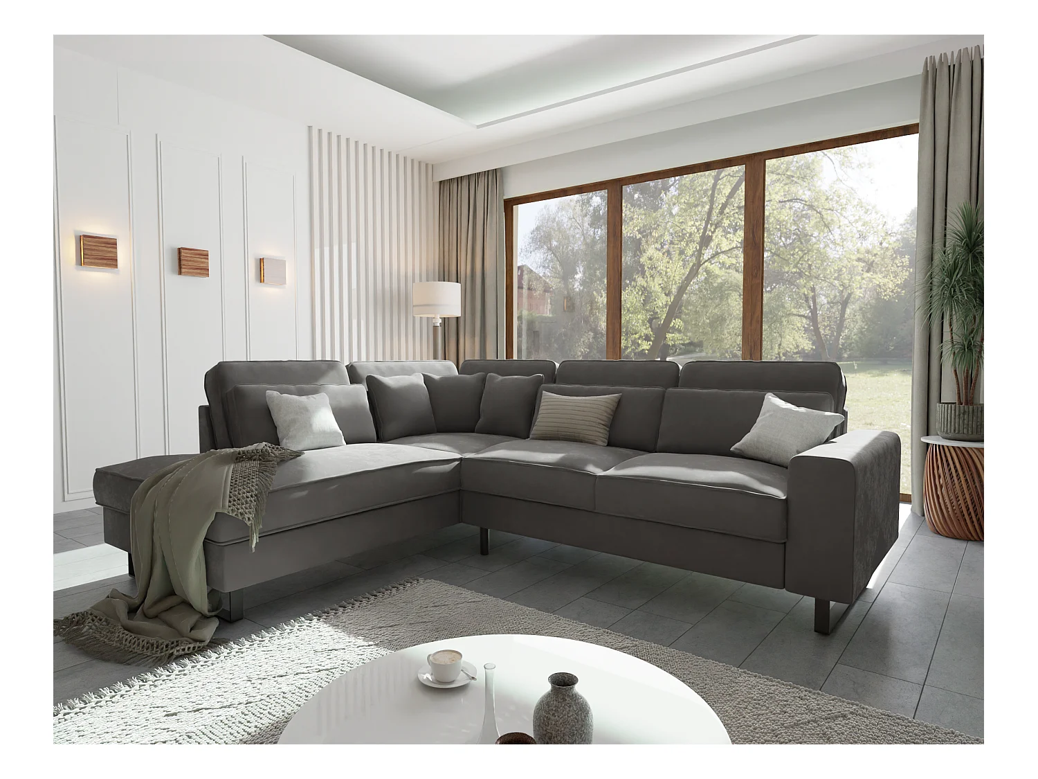 Canapé d’angle avec ottomane et pieds en métal noir, en tissu velours gris ROGUE