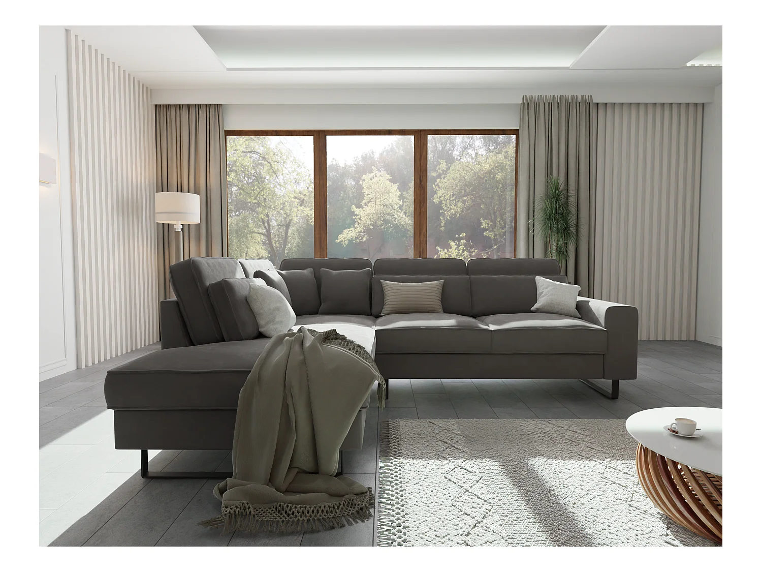 Canapé d’angle avec ottomane et pieds en métal noir, en tissu velours gris ROGUE