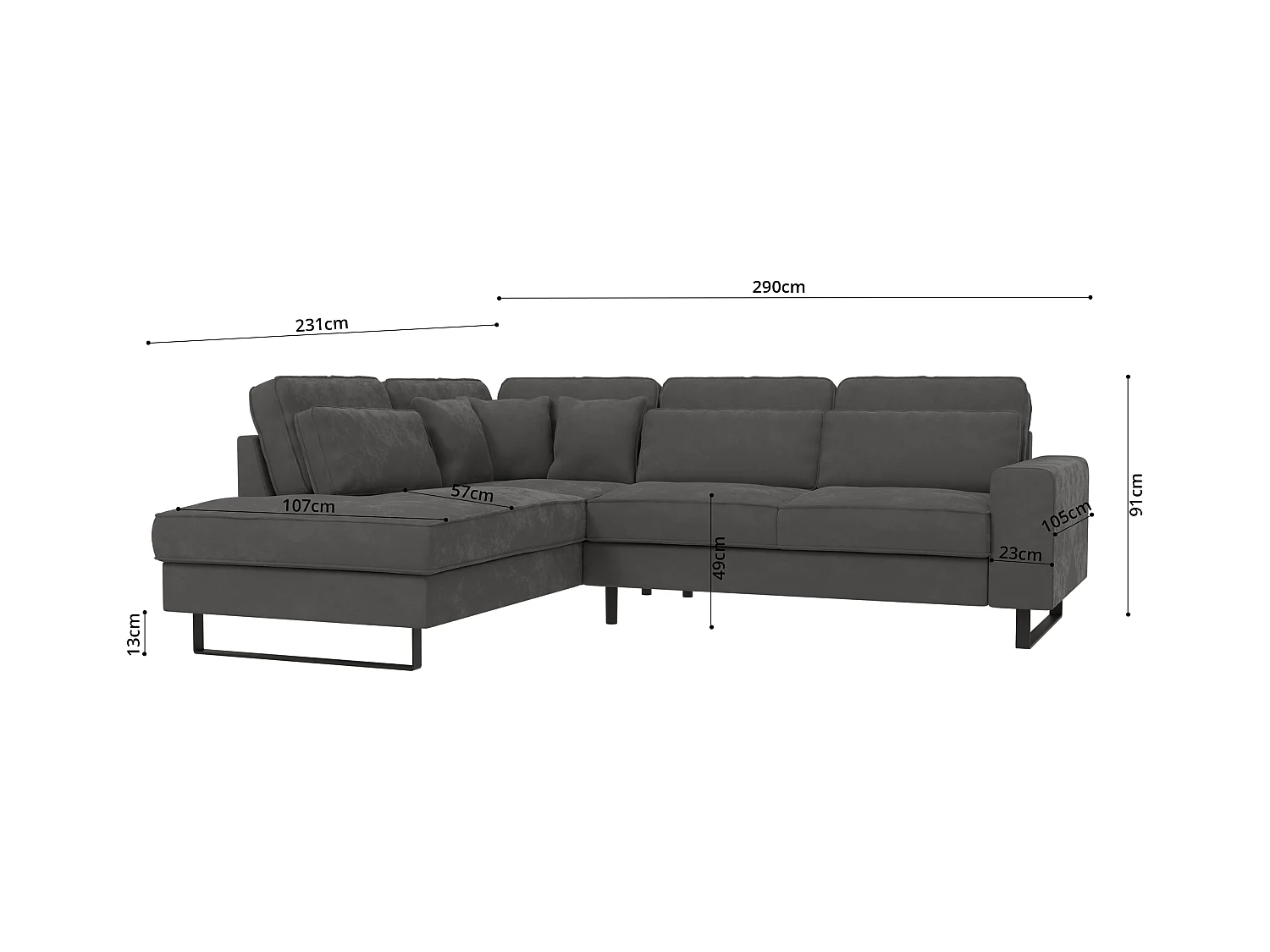 Canapé d’angle avec ottomane et pieds en métal noir, en tissu velours gris ROGUE