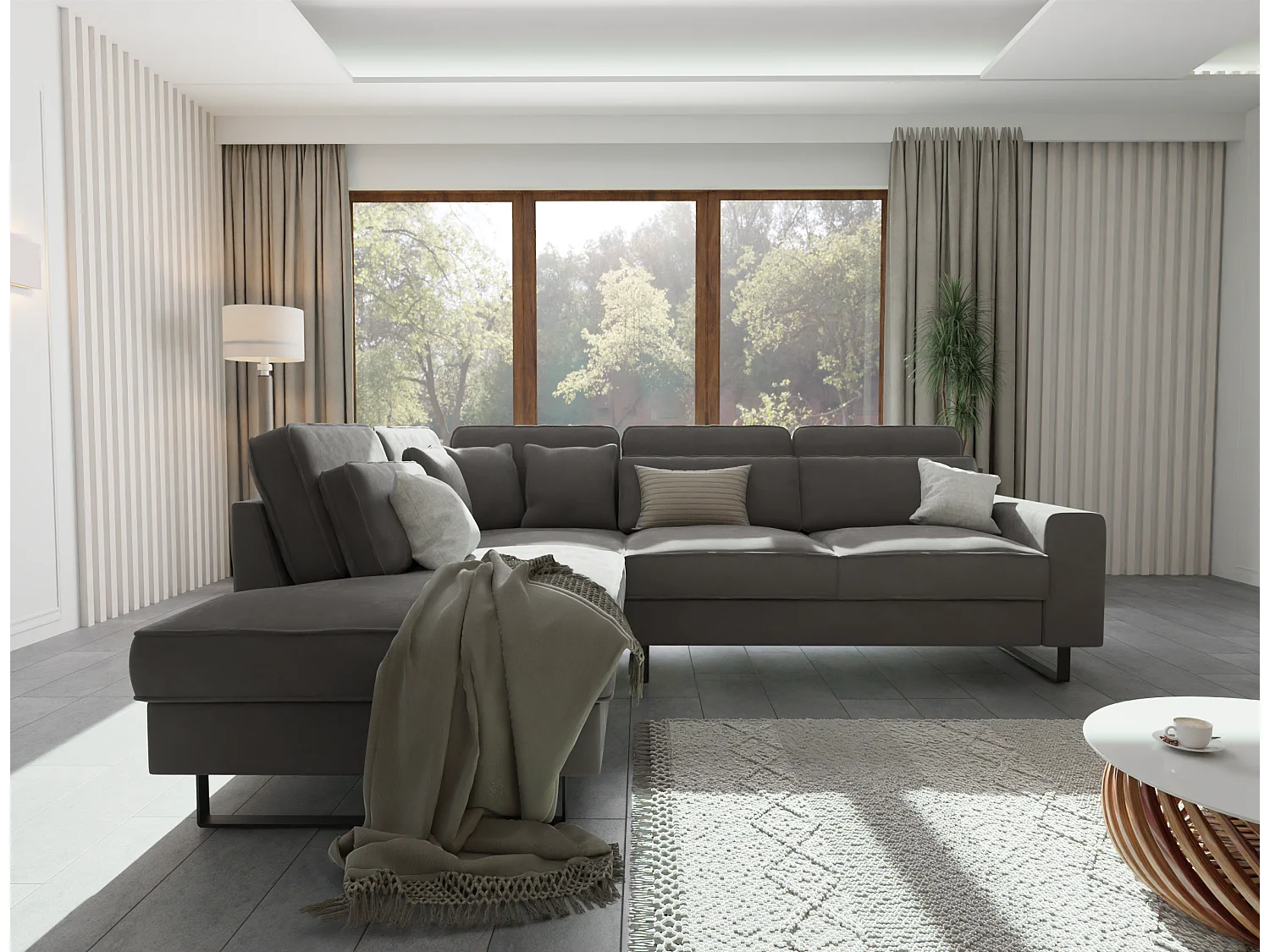 Canapé d’angle avec ottomane et pieds en métal noir, en tissu velours gris ROGUE