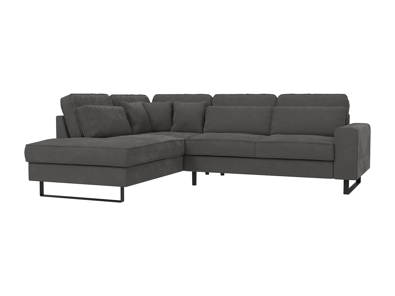 Canapé d’angle avec ottomane et pieds en métal noir, en tissu velours gris ROGUE