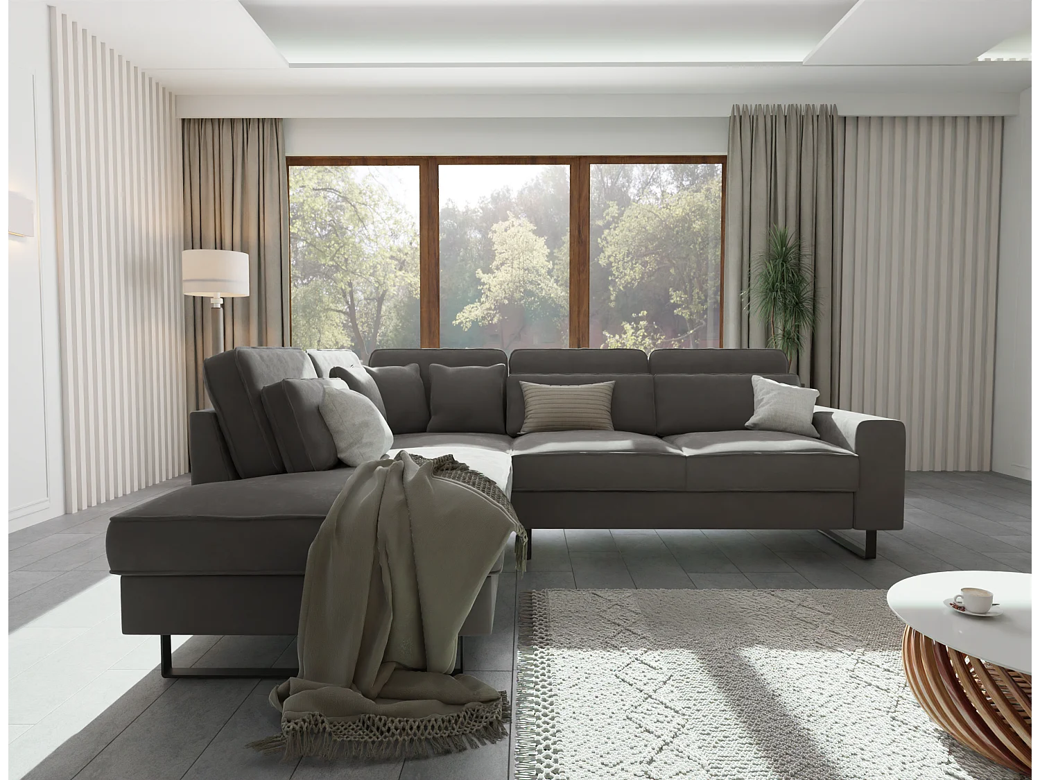 Canapé d’angle avec ottomane et pieds en métal noir, en tissu velours gris ROGUE