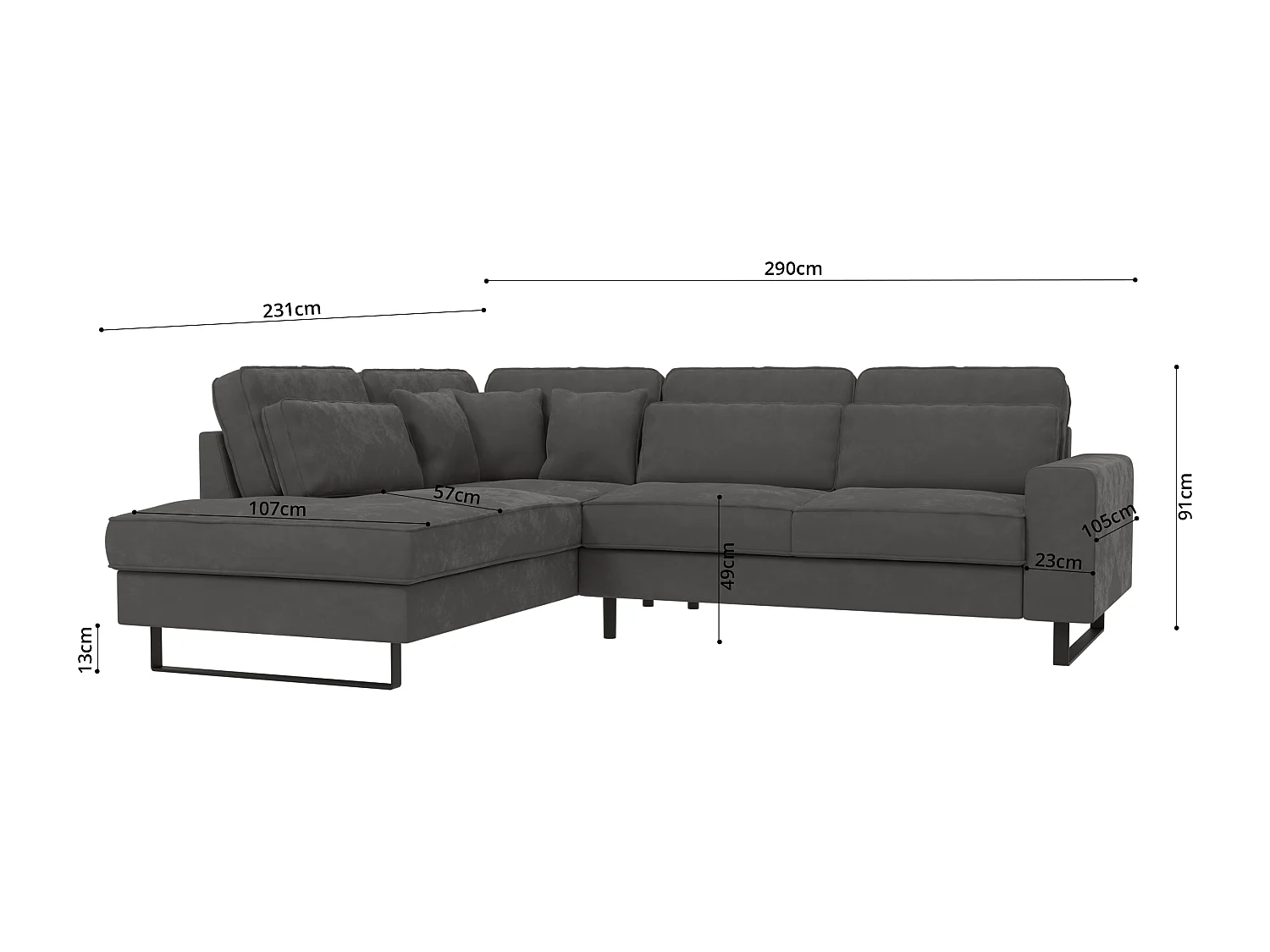 Canapé d’angle avec ottomane et pieds en métal noir, en tissu velours gris ROGUE