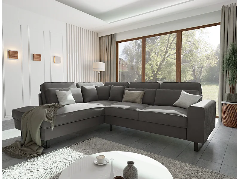 Canapé d’angle avec ottomane et pieds en métal noir, en tissu velours gris ROGUE