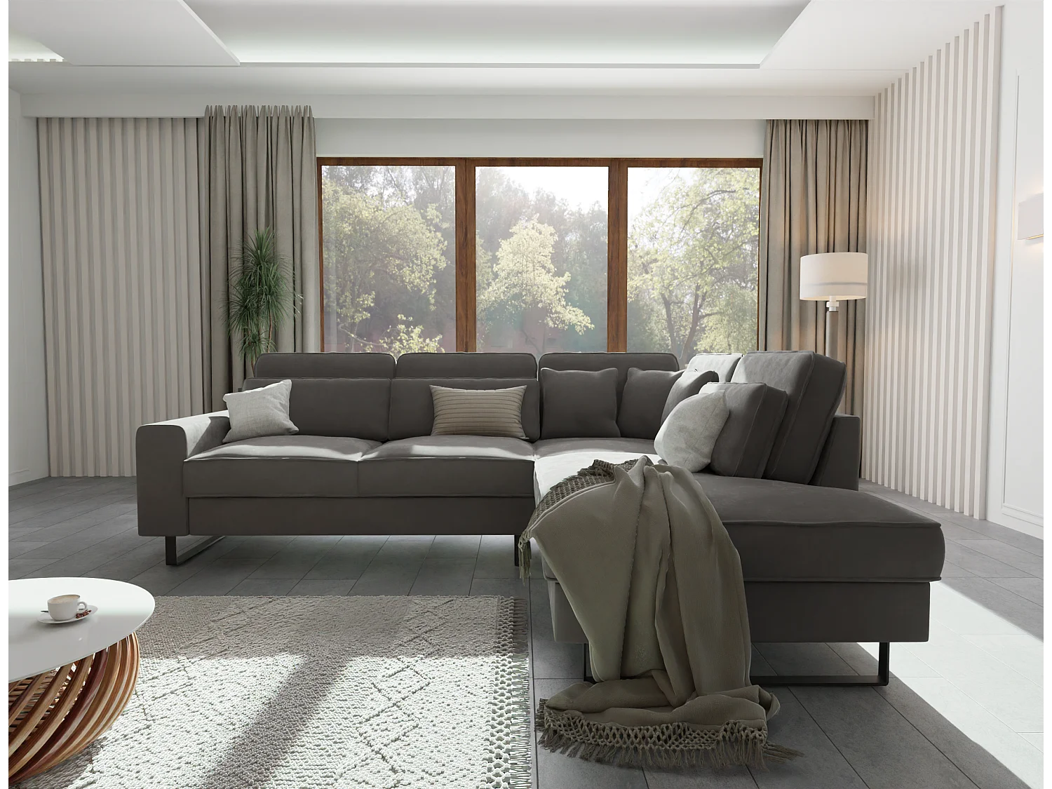 Canapé d’angle avec ottomane et pieds en métal noir, en tissu velours gris ROGUE