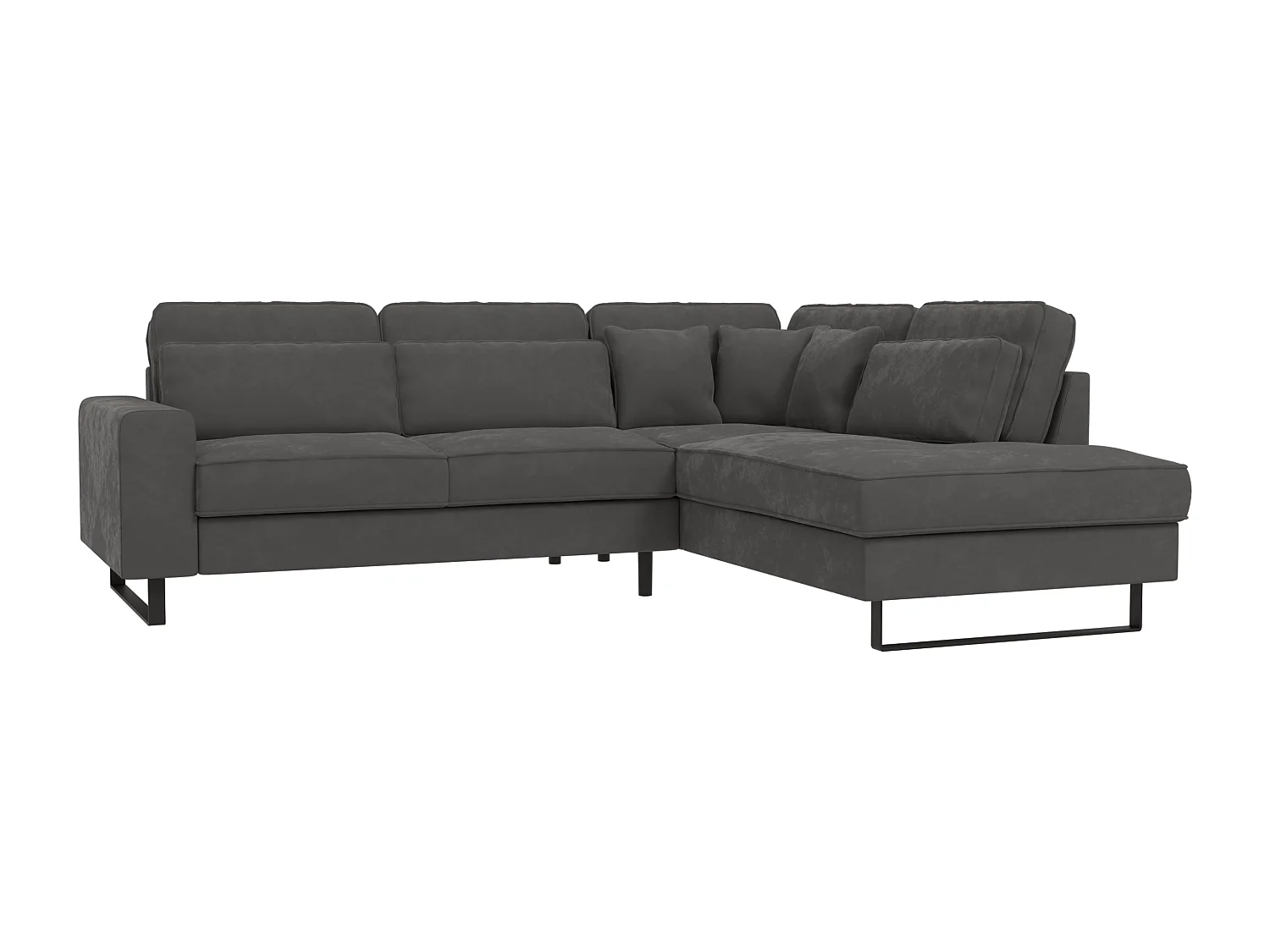 Canapé d’angle avec ottomane et pieds en métal noir, en tissu velours gris ROGUE