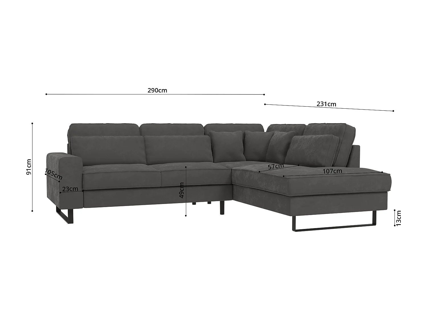 Canapé d’angle avec ottomane et pieds en métal noir, en tissu velours gris ROGUE