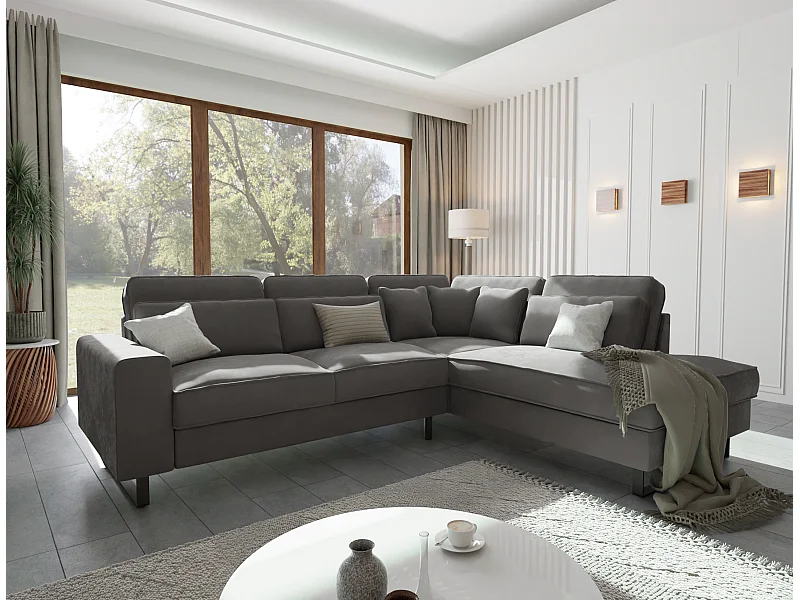 Canapé d’angle avec ottomane et pieds en métal noir, en tissu velours gris ROGUE