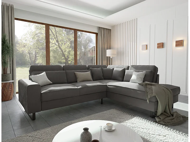 Canapé d’angle avec ottomane et pieds en métal noir, en tissu velours gris ROGUE