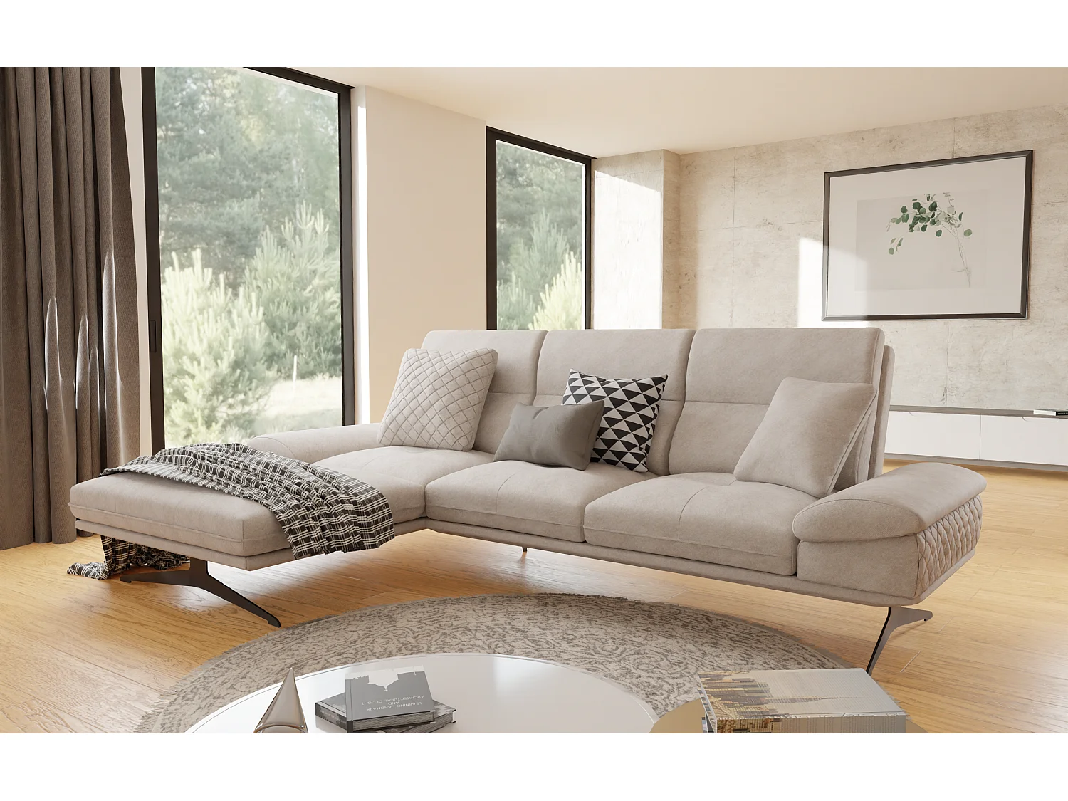 Canapé d’angle moderne avec ottomane et pieds hauts en métal noir, en tissu velours beige HAGA