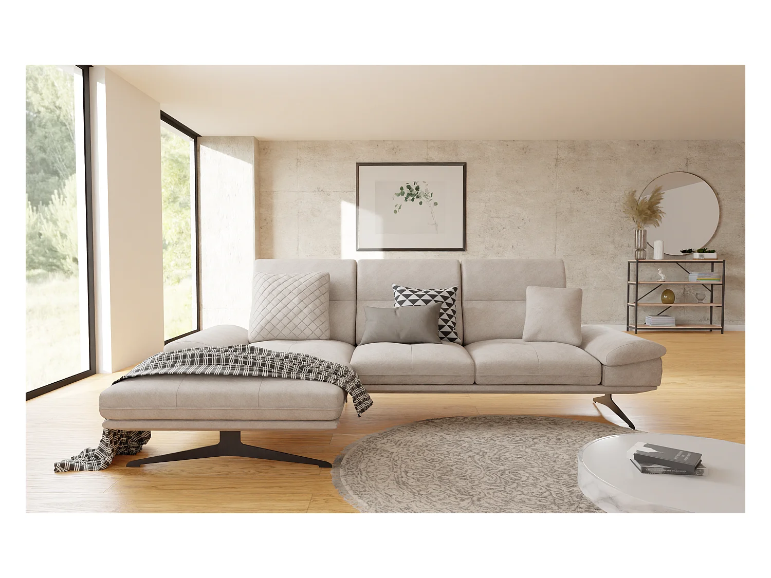 Canapé d’angle moderne avec ottomane et pieds hauts en métal noir, en tissu velours beige HAGA