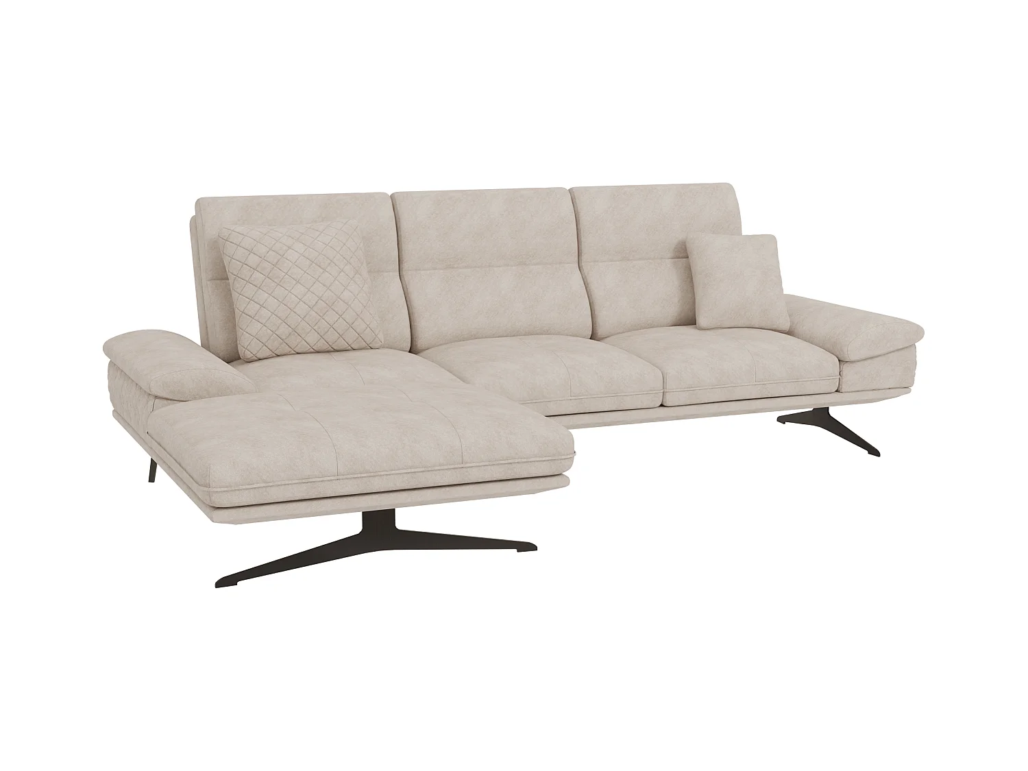 Canapé d’angle moderne avec ottomane et pieds hauts en métal noir, en tissu velours beige HAGA