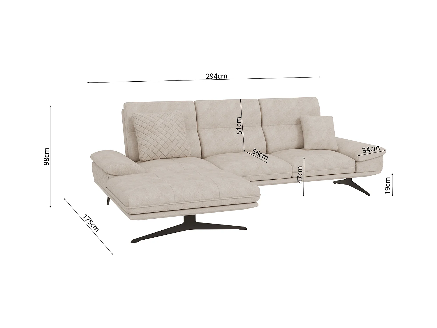 Canapé d’angle moderne avec ottomane et pieds hauts en métal noir, en tissu velours beige HAGA