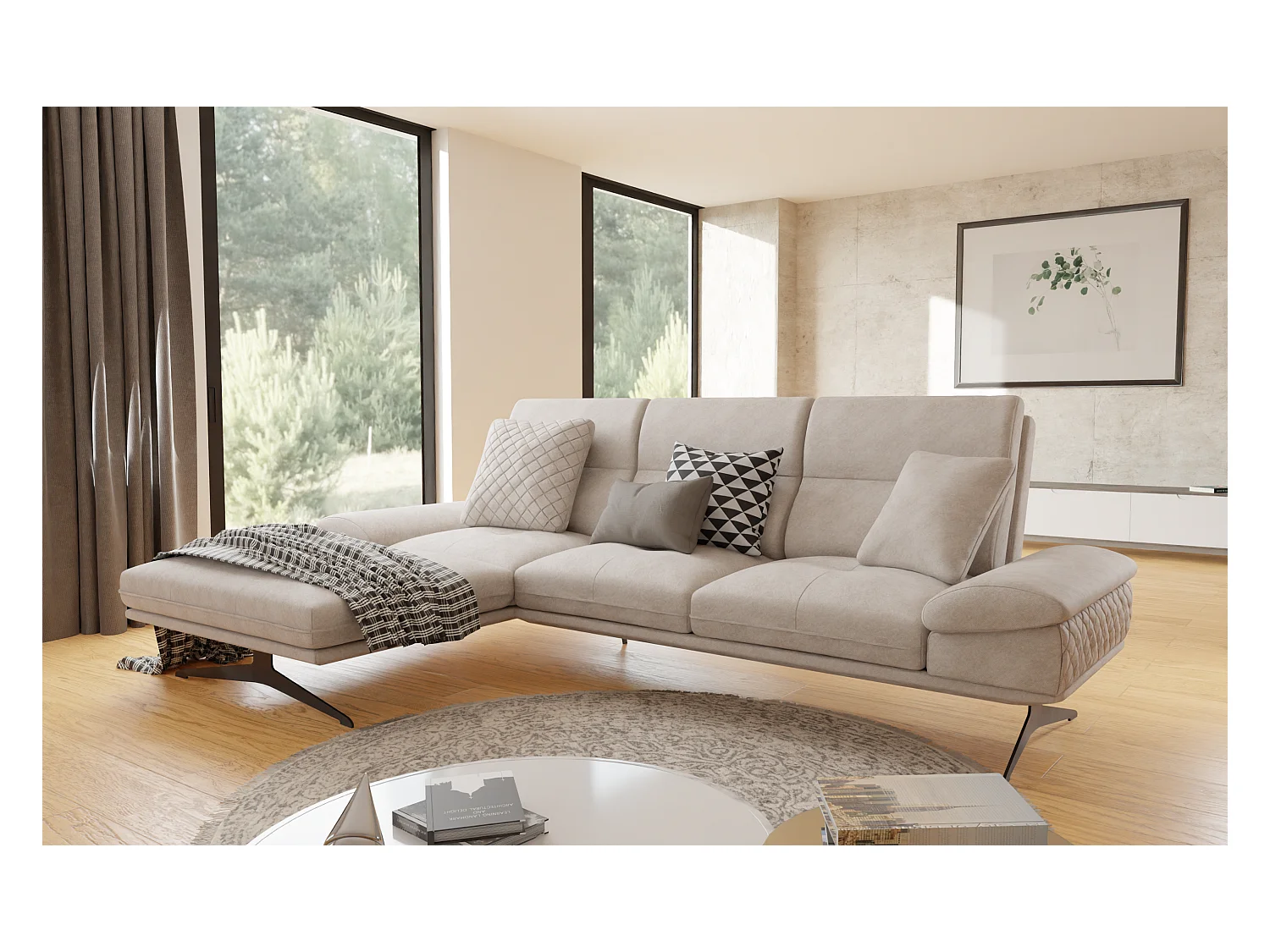 Canapé d’angle moderne avec ottomane et pieds hauts en métal noir, en tissu velours beige HAGA
