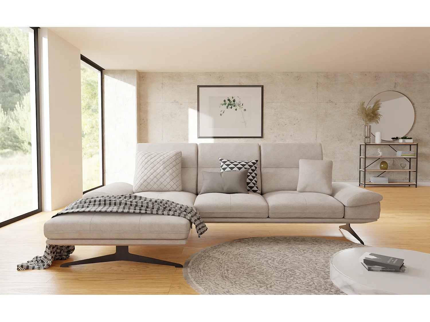 Canapé d’angle moderne avec ottomane et pieds hauts en métal noir, en tissu velours beige HAGA