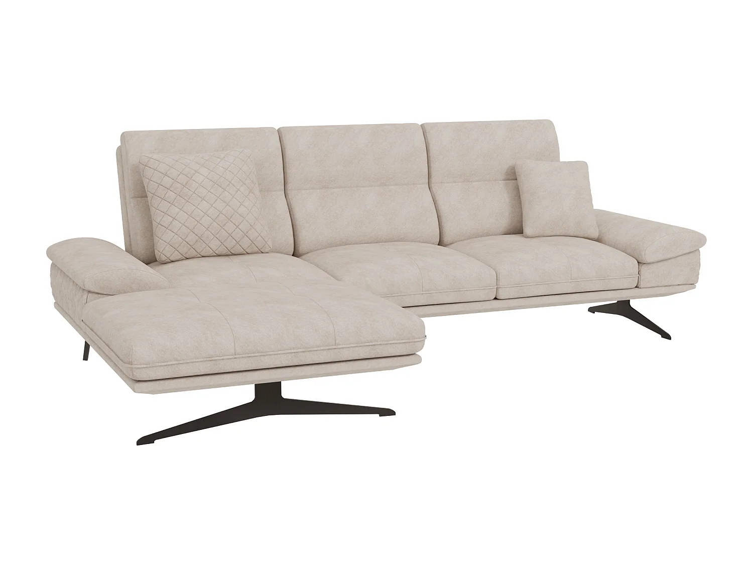 Canapé d’angle moderne avec ottomane et pieds hauts en métal noir, en tissu velours beige HAGA