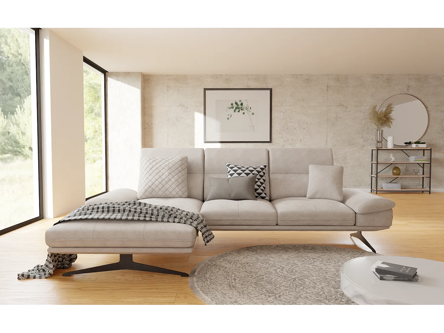 Canapé d’angle moderne avec ottomane et pieds hauts en métal noir, en tissu velours beige HAGA