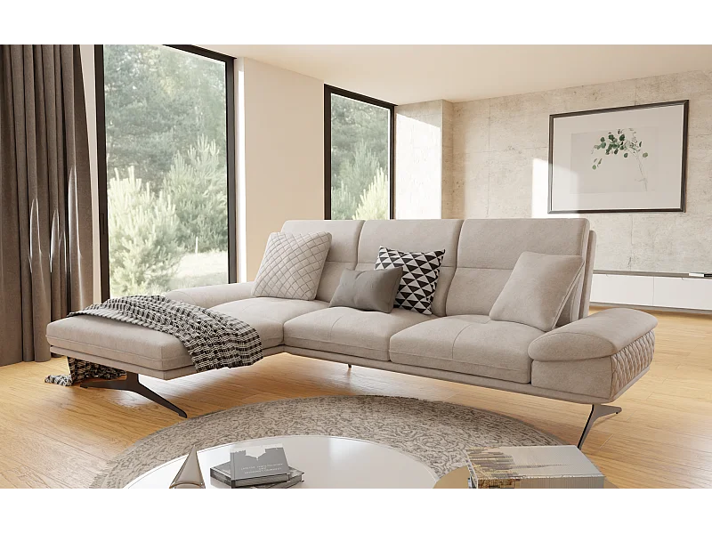 Canapé d’angle moderne avec ottomane et pieds hauts en métal noir, en tissu velours beige HAGA