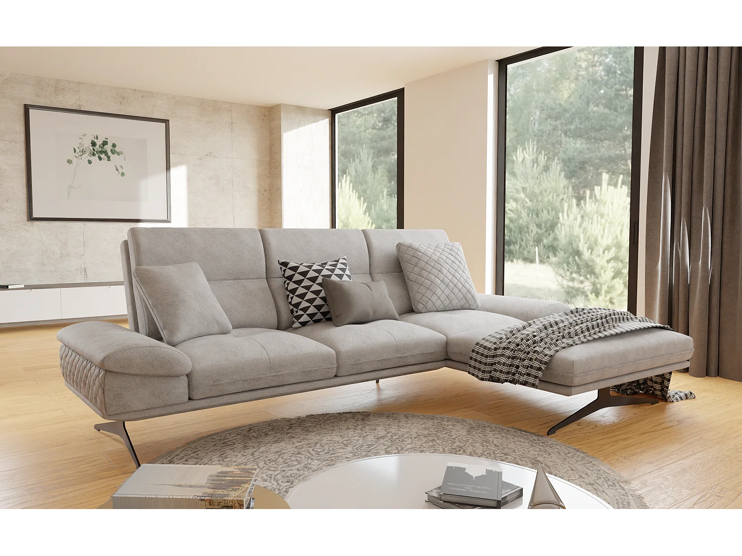 Canapé d’angle moderne avec ottomane et pieds hauts en métal noir, en tissu velours gris clair HAGA