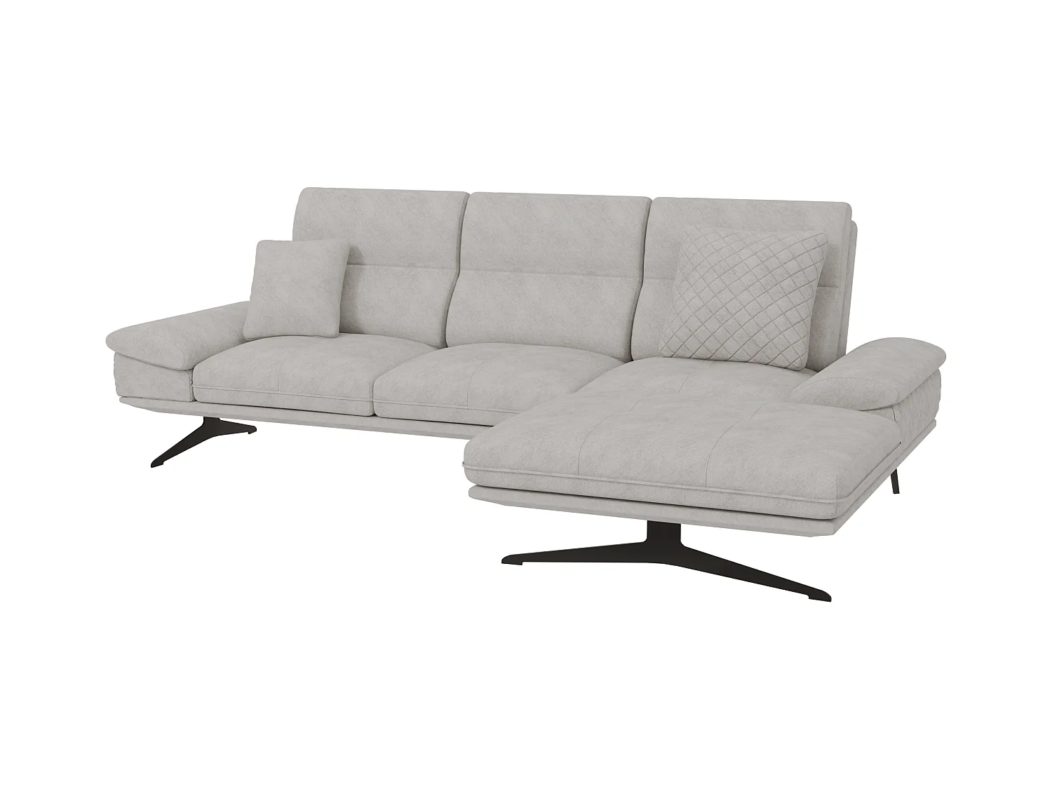 Canapé d’angle moderne avec ottomane et pieds hauts en métal noir, en tissu velours gris clair HAGA