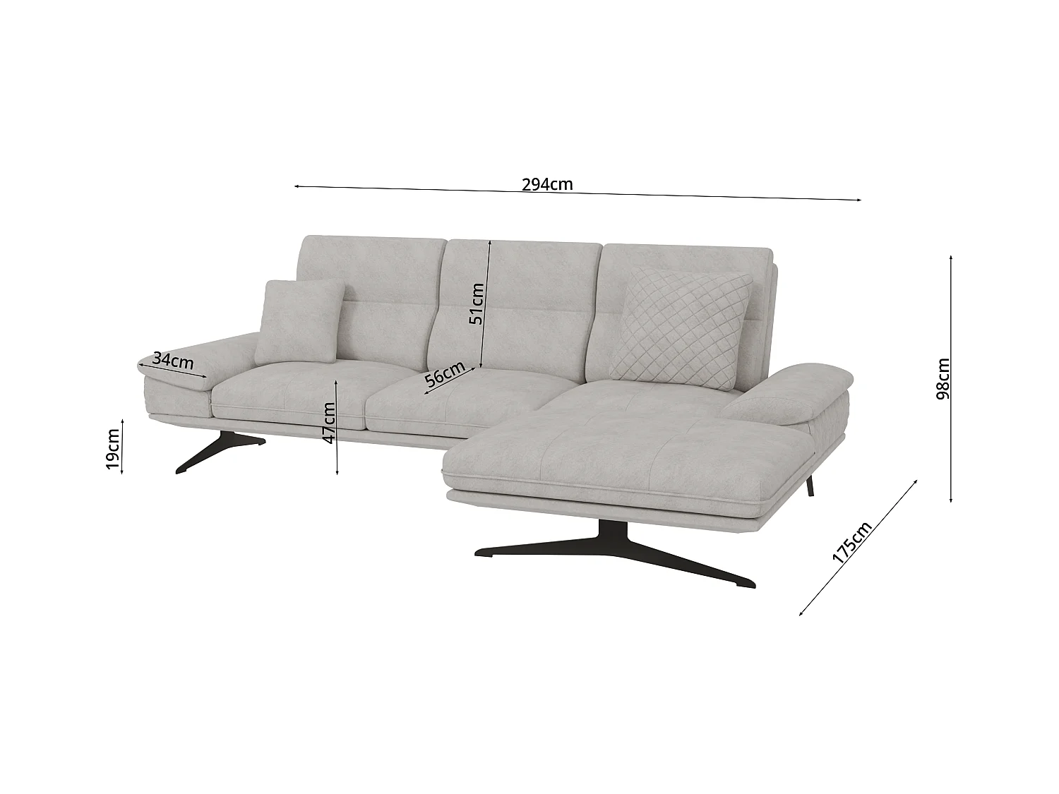 Canapé d’angle moderne avec ottomane et pieds hauts en métal noir, en tissu velours gris clair HAGA