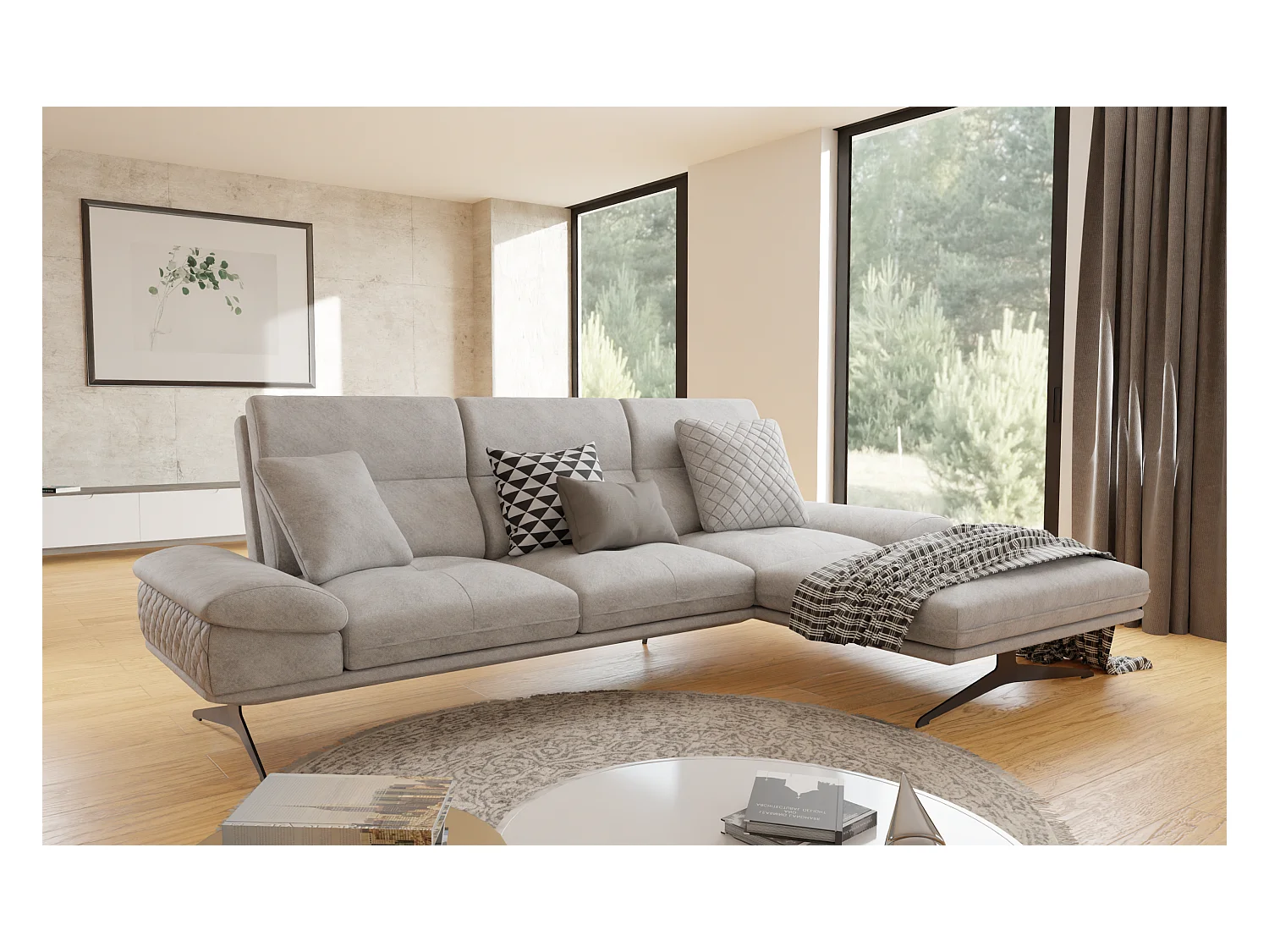 Canapé d’angle moderne avec ottomane et pieds hauts en métal noir, en tissu velours gris clair HAGA