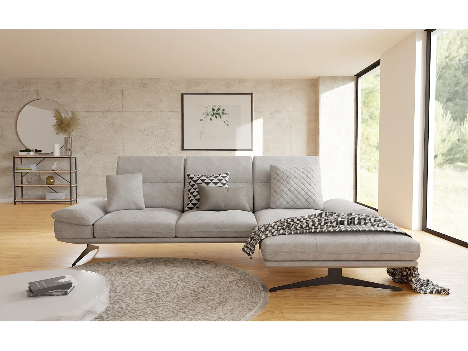 Canapé d’angle moderne avec ottomane et pieds hauts en métal noir, en tissu velours gris clair HAGA