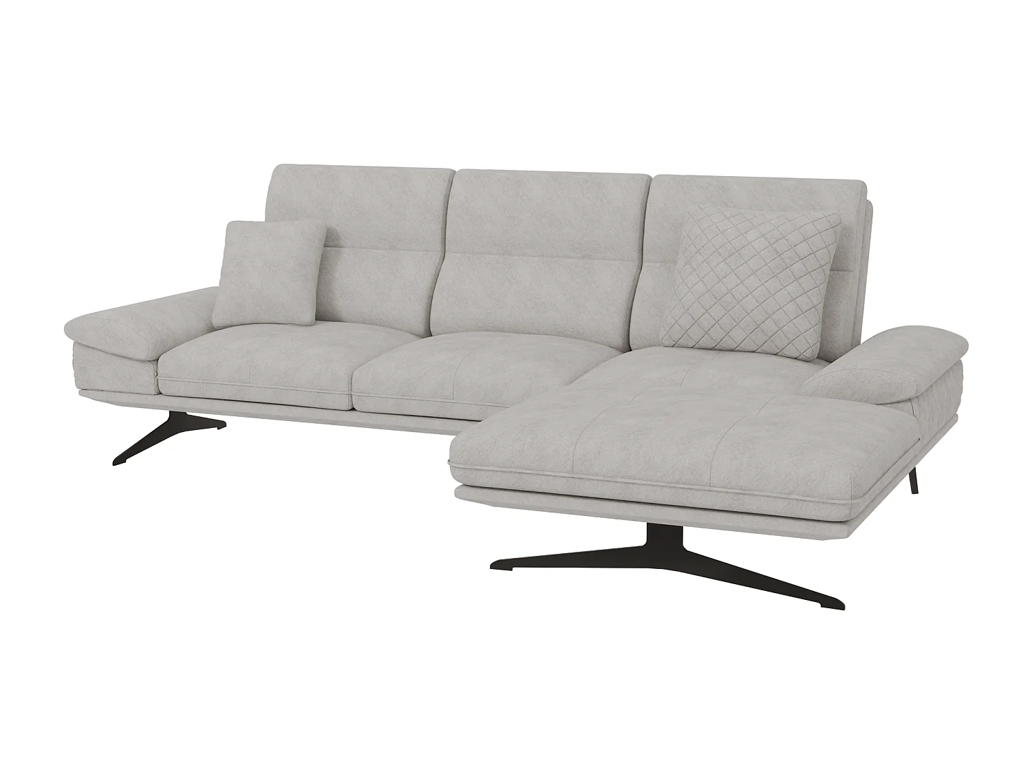 Canapé d’angle moderne avec ottomane et pieds hauts en métal noir, en tissu velours gris clair HAGA