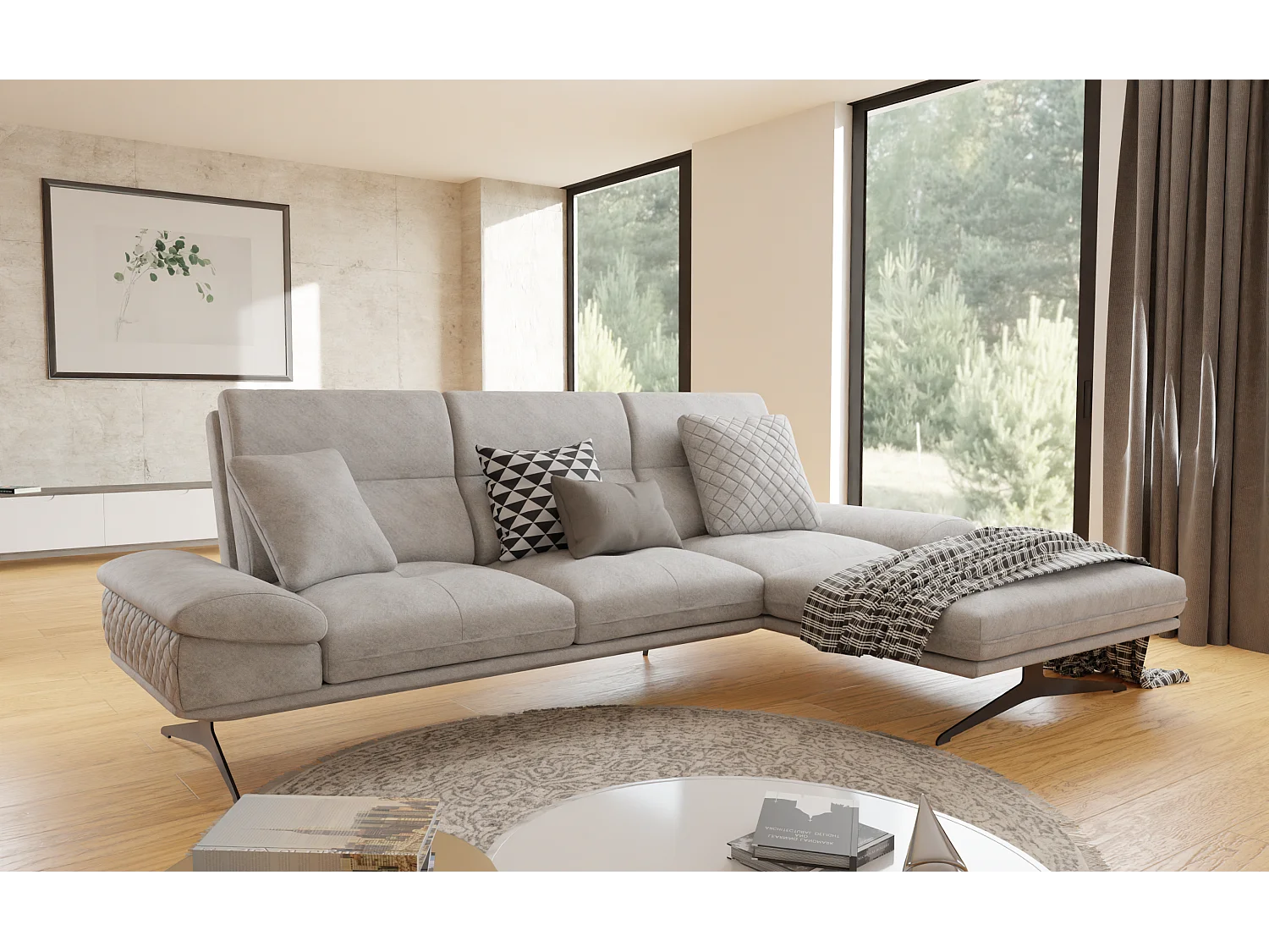 Canapé d’angle moderne avec ottomane et pieds hauts en métal noir, en tissu velours gris clair HAGA