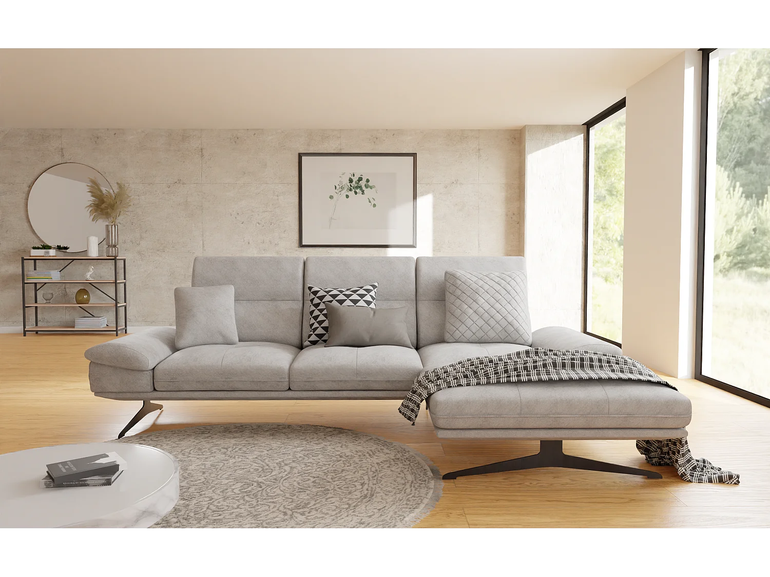 Canapé d’angle moderne avec ottomane et pieds hauts en métal noir, en tissu velours gris clair HAGA