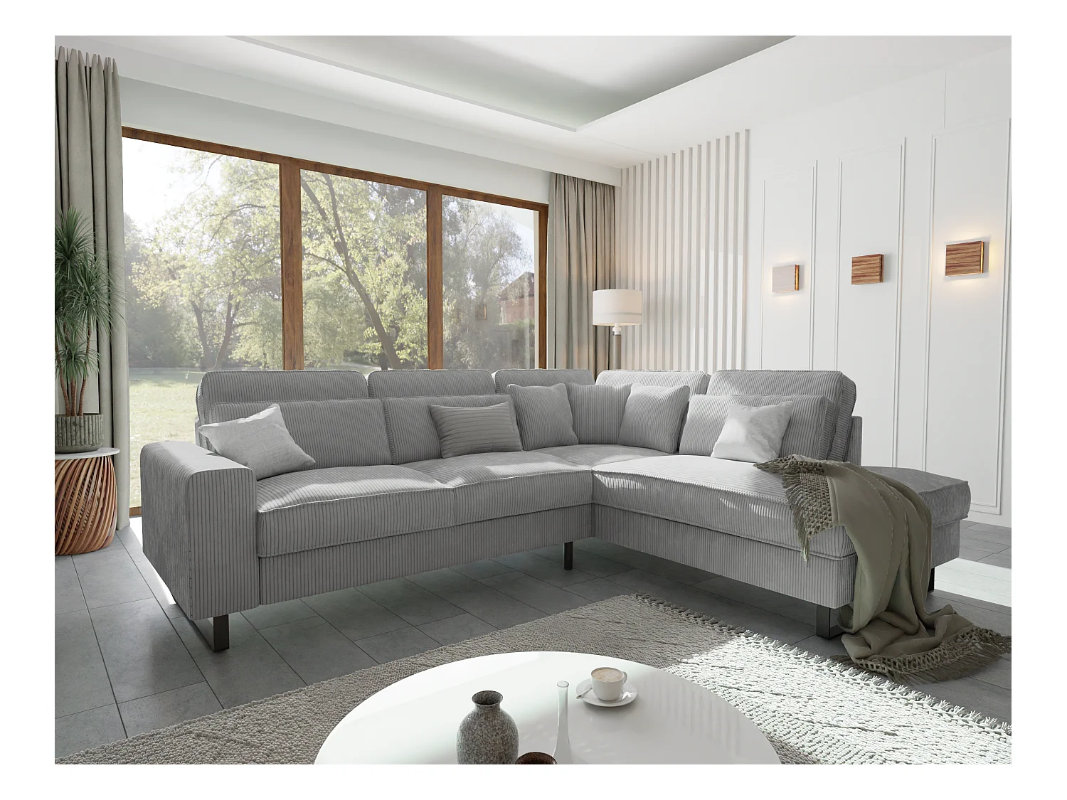 Canapé d’angle avec ottomane et pieds en métal noir, en tissu côtelé gris clair DUSK