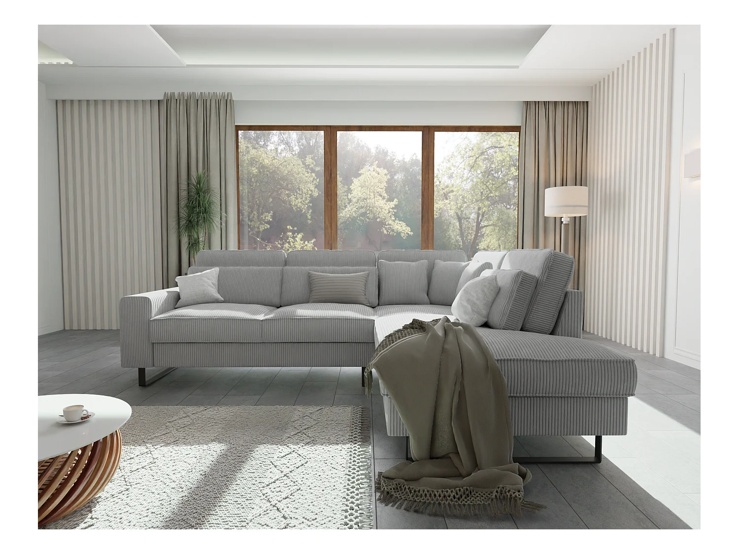 Canapé d’angle avec ottomane et pieds en métal noir, en tissu côtelé gris clair DUSK