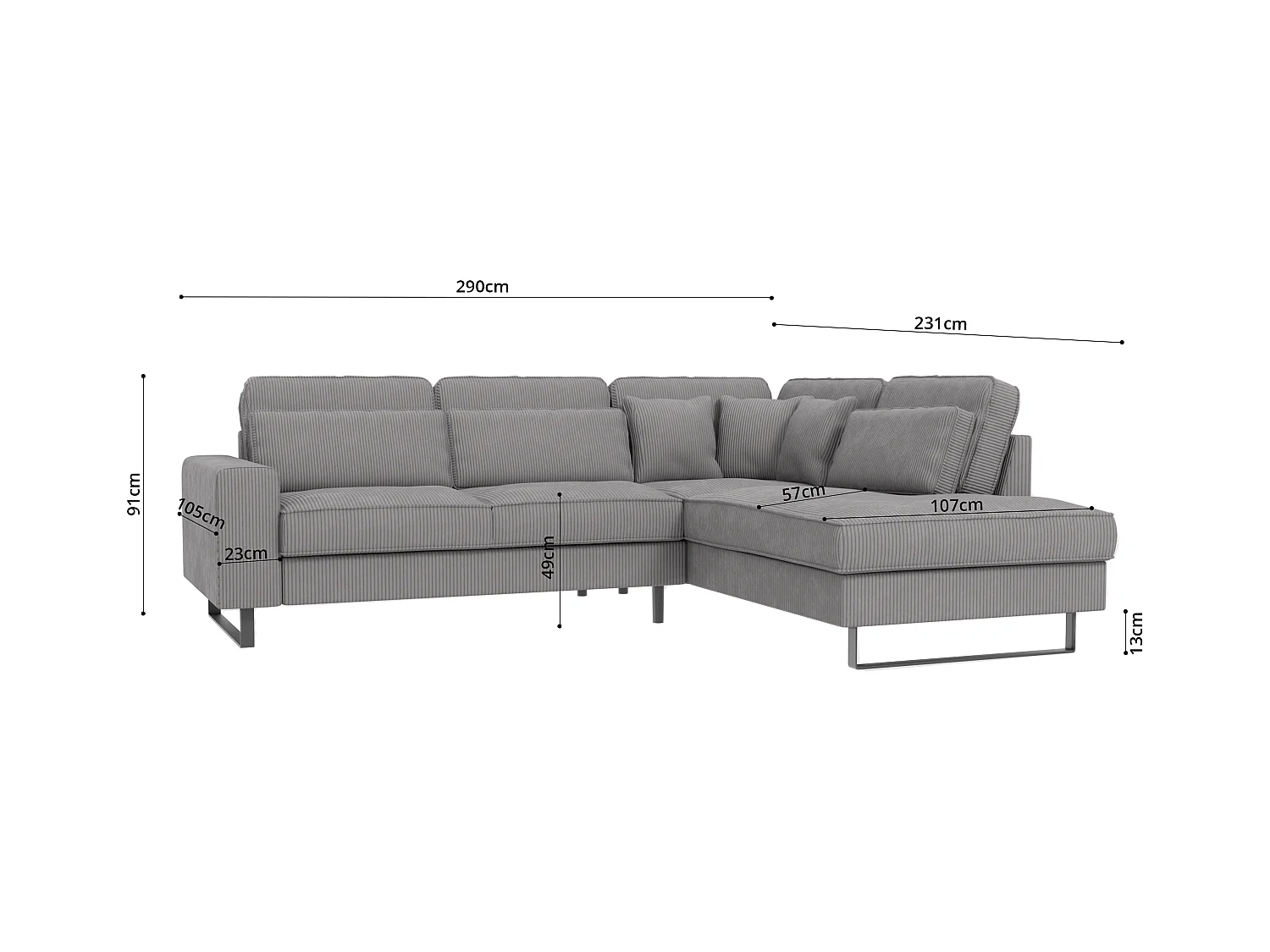 Canapé d’angle avec ottomane et pieds en métal noir, en tissu côtelé gris clair DUSK