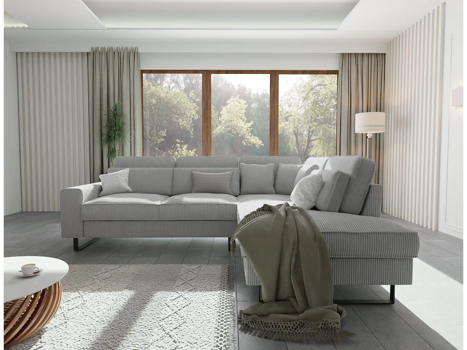 Canapé d’angle avec ottomane et pieds en métal noir, en tissu côtelé gris clair DUSK