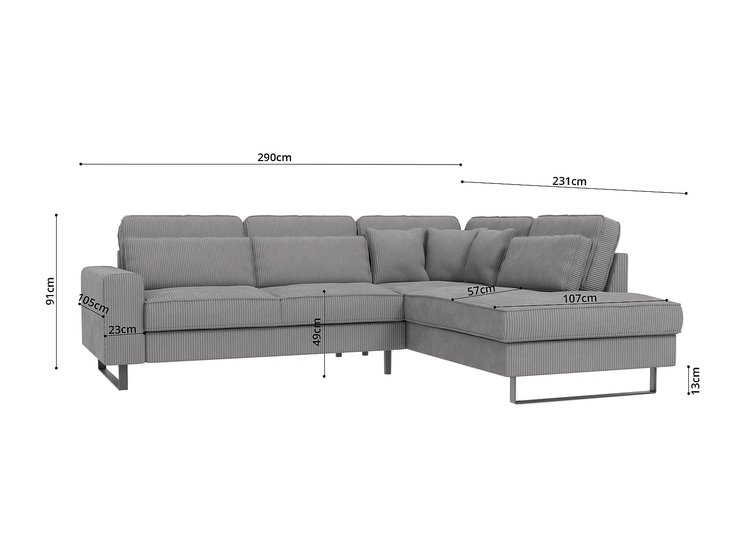 Canapé d’angle avec ottomane et pieds en métal noir, en tissu côtelé gris clair DUSK