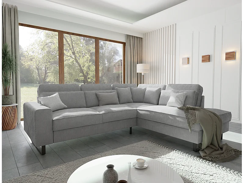 Canapé d’angle avec ottomane et pieds en métal noir, en tissu côtelé gris clair DUSK