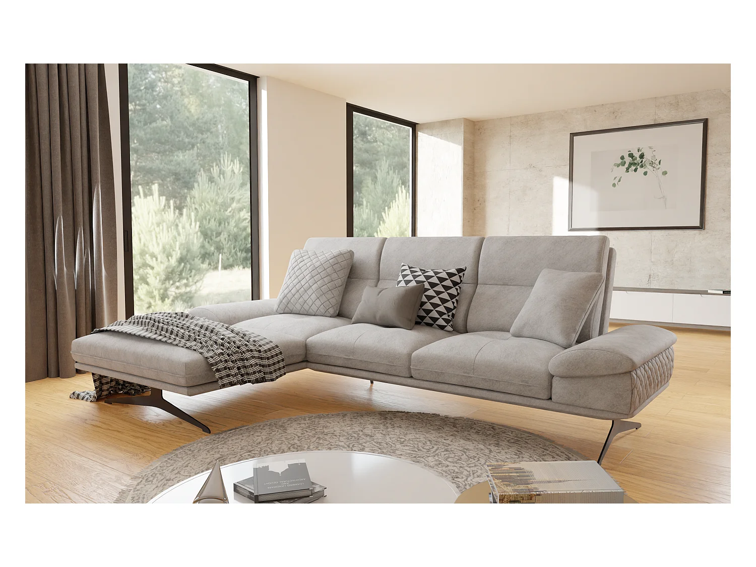 Canapé d’angle moderne avec ottomane et pieds hauts en métal noir, en tissu velours gris clair HAGA