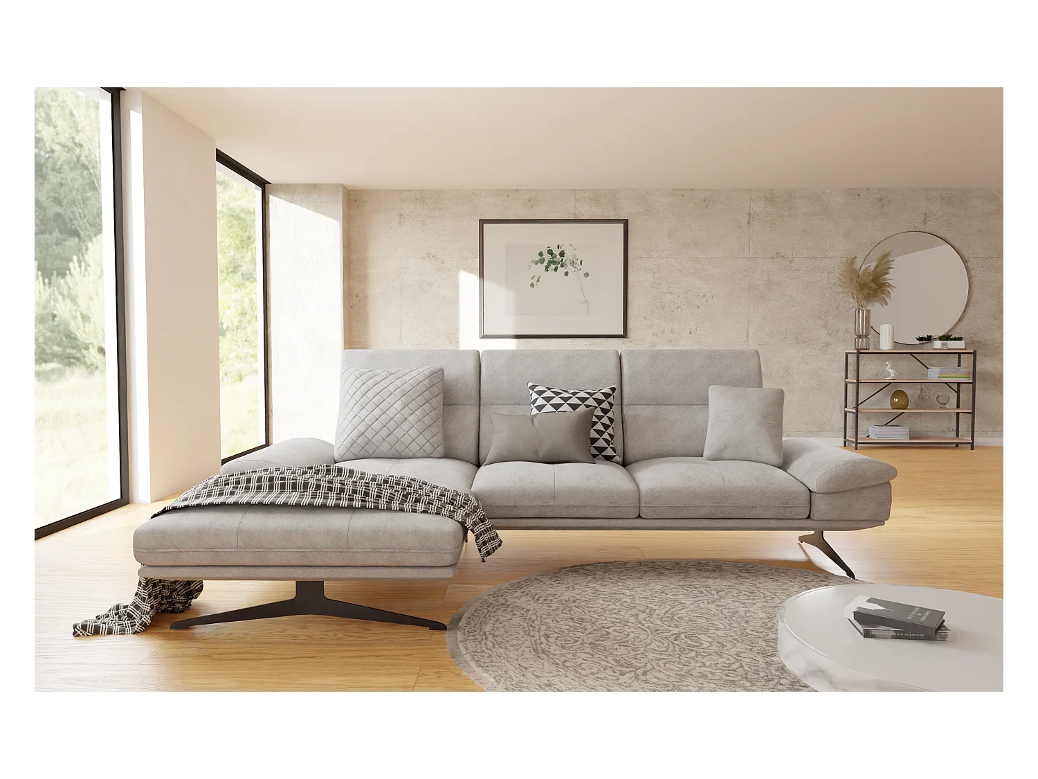 Canapé d’angle moderne avec ottomane et pieds hauts en métal noir, en tissu velours gris clair HAGA