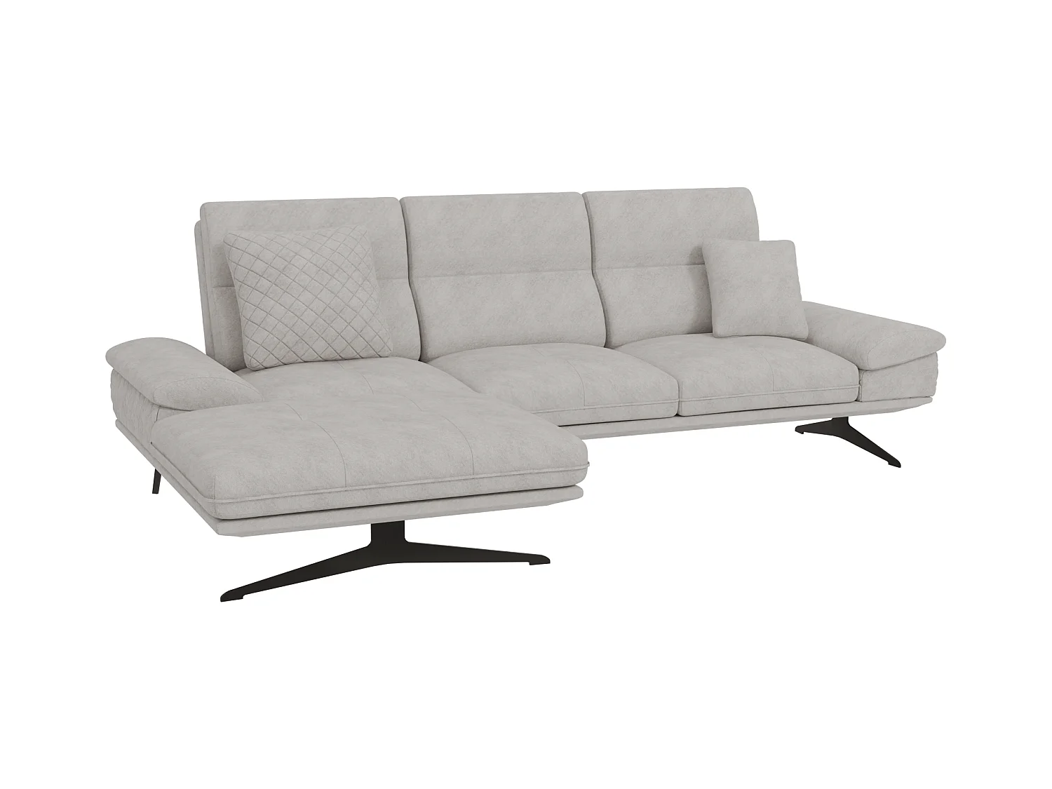 Canapé d’angle moderne avec ottomane et pieds hauts en métal noir, en tissu velours gris clair HAGA