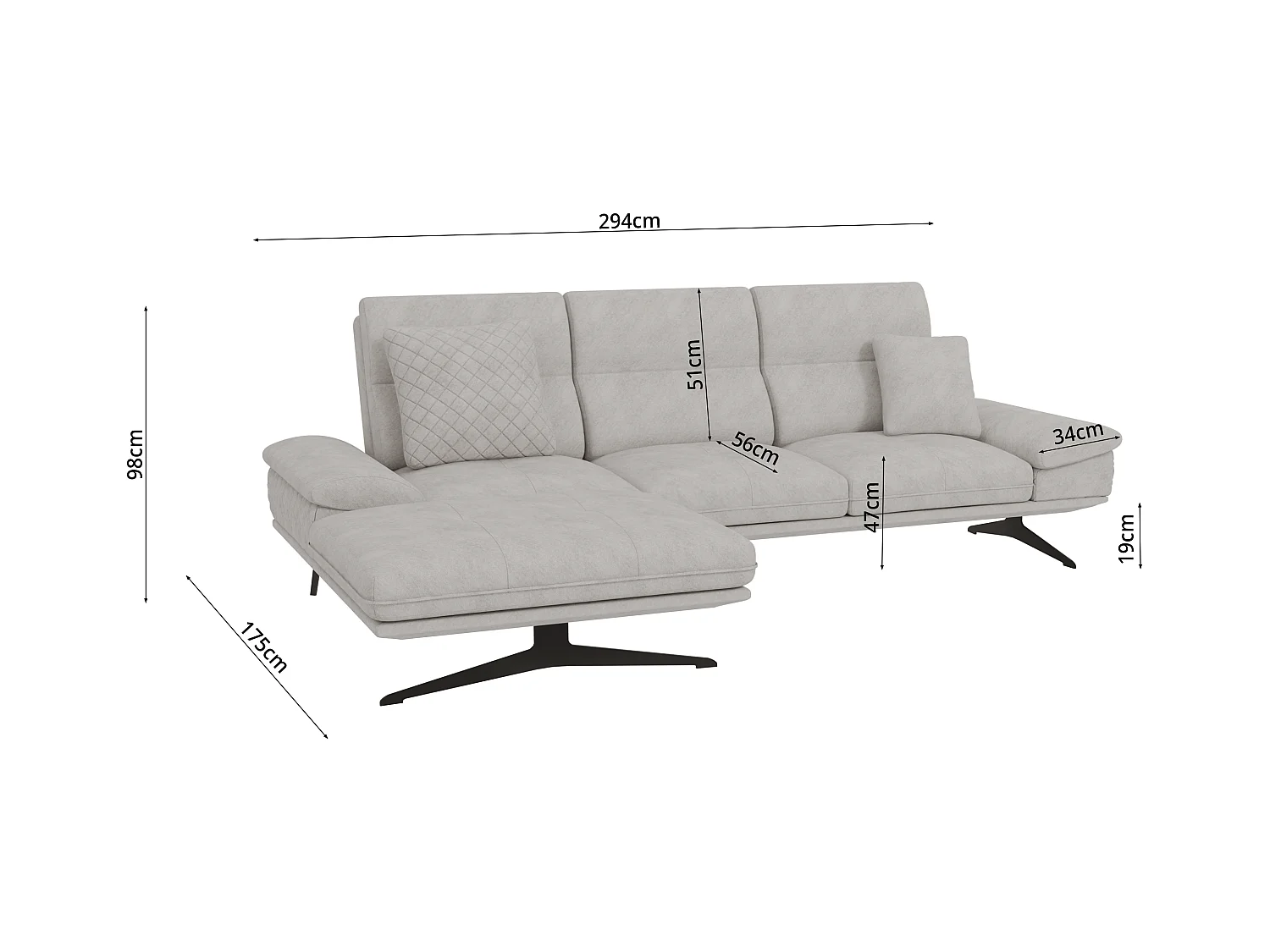 Canapé d’angle moderne avec ottomane et pieds hauts en métal noir, en tissu velours gris clair HAGA