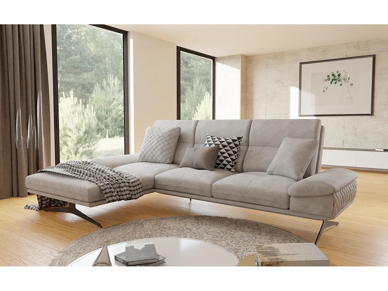 Canapé d’angle moderne avec ottomane et pieds hauts en métal noir, en tissu velours gris clair HAGA