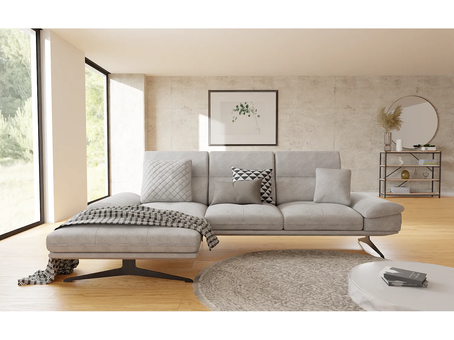 Canapé d’angle moderne avec ottomane et pieds hauts en métal noir, en tissu velours gris clair HAGA