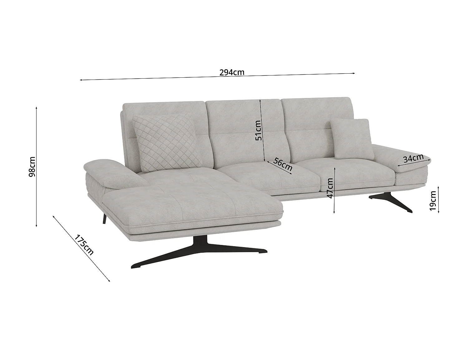 Canapé d’angle moderne avec ottomane et pieds hauts en métal noir, en tissu velours gris clair HAGA