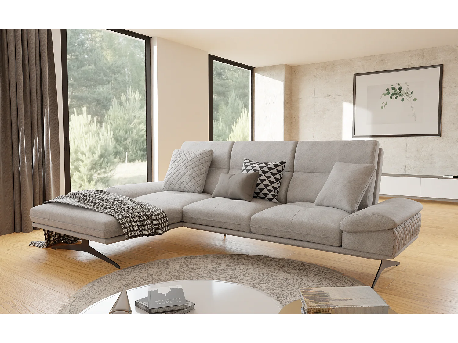 Canapé d’angle moderne avec ottomane et pieds hauts en métal noir, en tissu velours gris clair HAGA