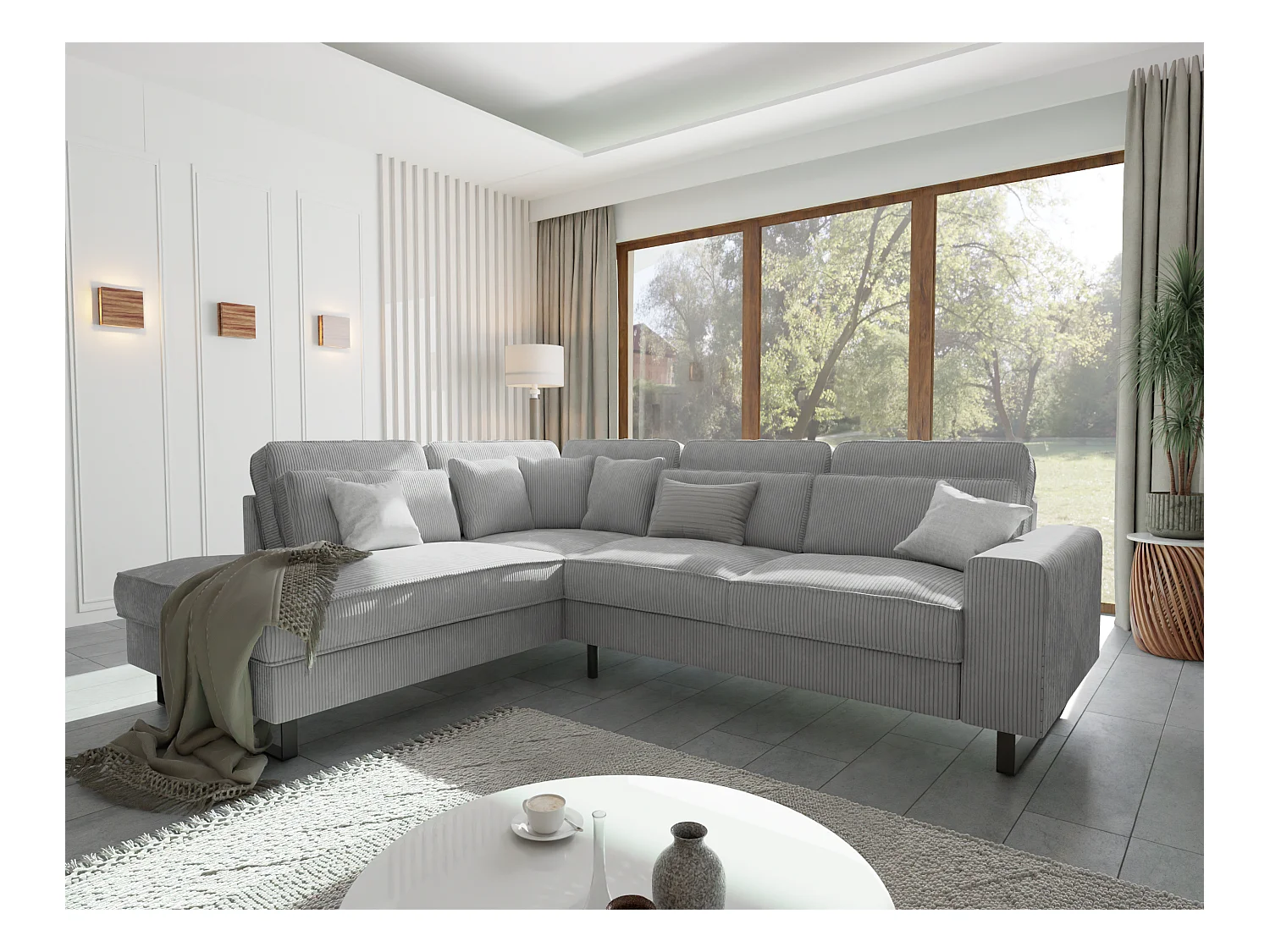 Canapé d’angle avec ottomane et pieds en métal noir, en tissu côtelé gris clair DUSK